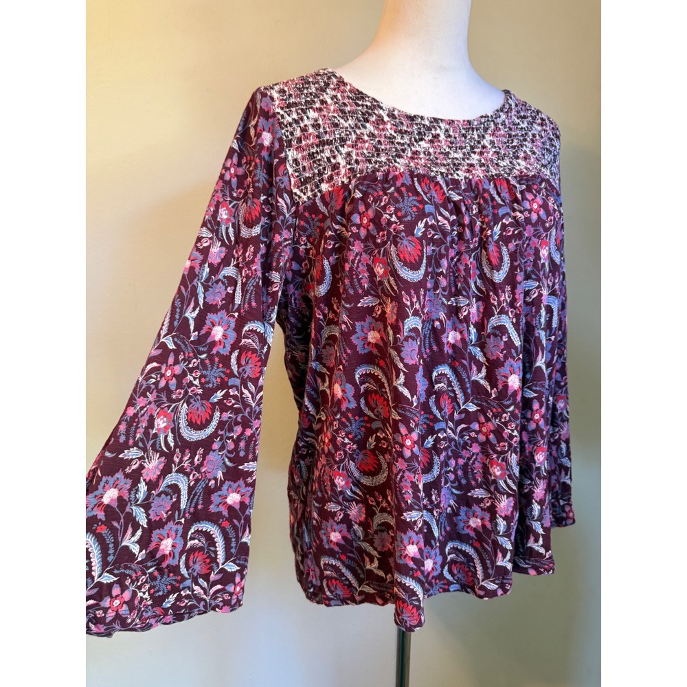 Lucky Brand Burgundy Floral Paisley Smocked whimsigoth cottage Top Large Boho re